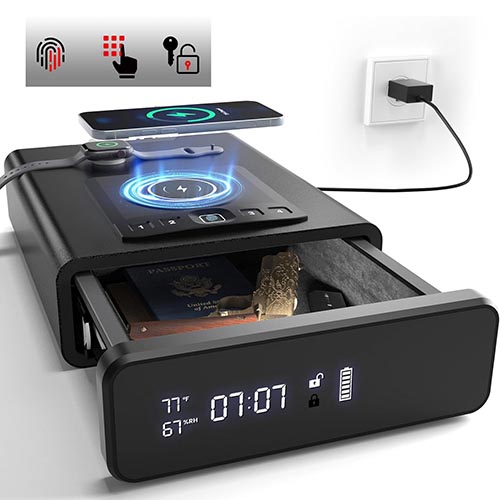 Biometric Gun Safe with LED Clock, DOJ Pistol Safe with 2-in-1 Watch & Phone Wireless Charging, Backlit Keypad, LED Light, Security Cable, Auto Pop-up Unlock